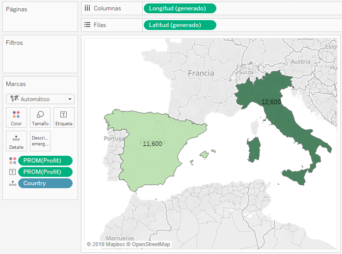 Mapa mostrando el valor medio de beneficio por país