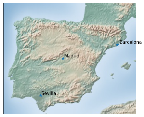 Madrid, Sevilla y Barcelona en el mapa