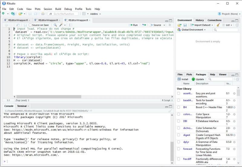 R script visual (Objeto visual de script de R). IDE externo: RStudio