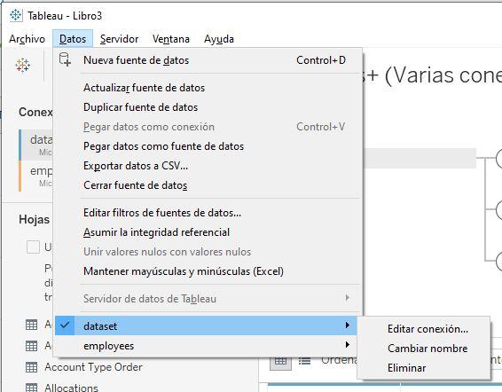 Menú superior de configuración de conexiones