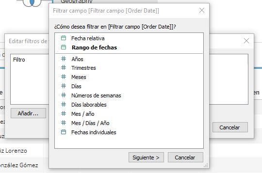 Opciones de filtro de campo de fecha