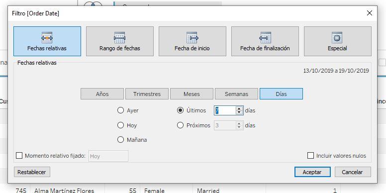 Filtrado de fechas relativas: Últimos 7 días