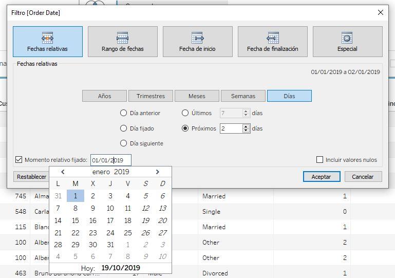 Filtrado de fechas relativas: 2 días posteriores al 1 de enero de 2019
