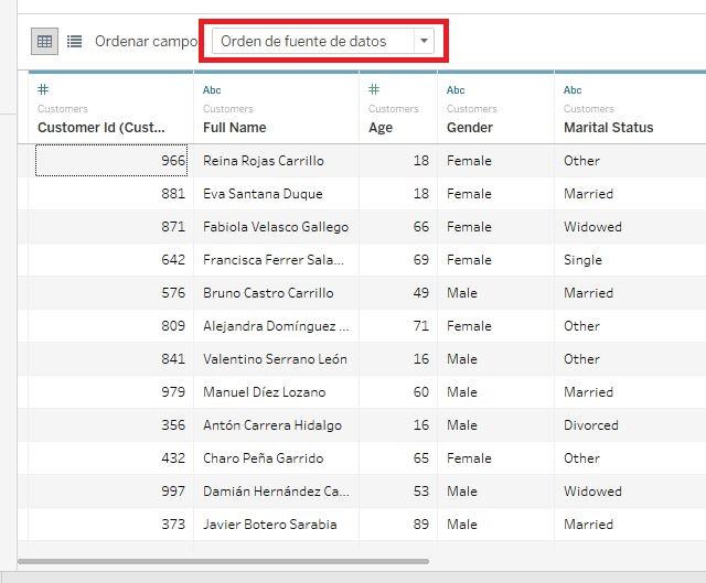 Herramienta de ordenación de campos en la fuente de datos