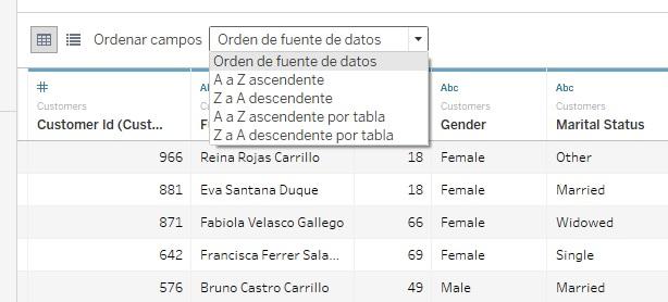 Herramienta de ordenación de campos en la fuente de datos