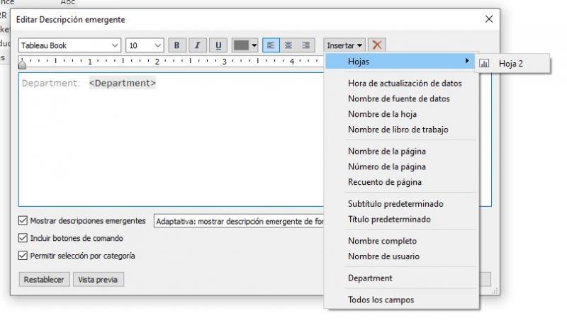 Submenú hoja de trabajo: Descripción emergente
