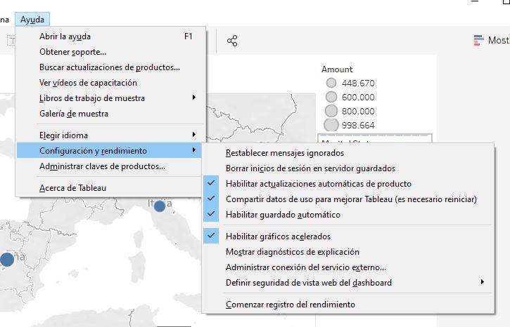 Submenú Ayuda: Configuración y rendimiento