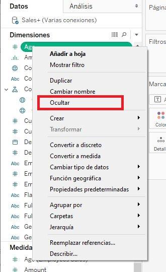 Ocultación de campos en el panel de campos