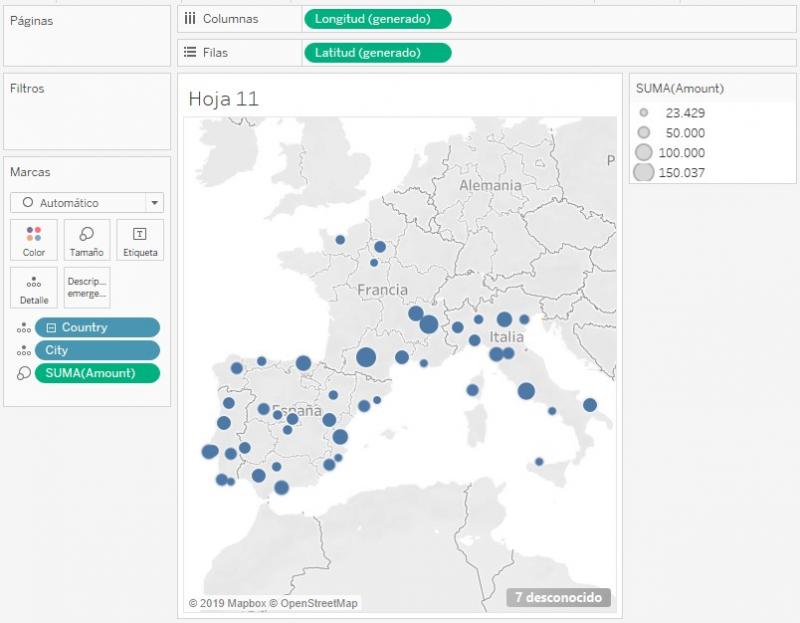 Mapa mostrando las ventas por ciudades