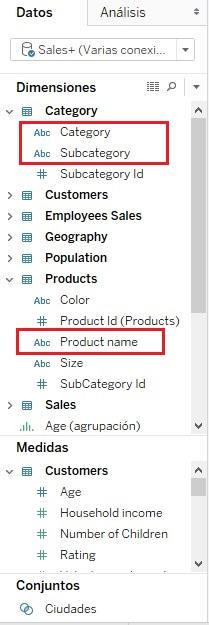 Campos Category, Subcategory y Product name