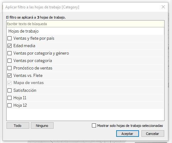 Selección de hojas de trabajo a las que afectará el filtro