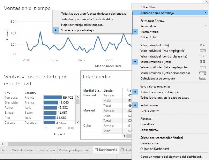 Menú de herramientas de la tarjeta de filtro en el dashboard