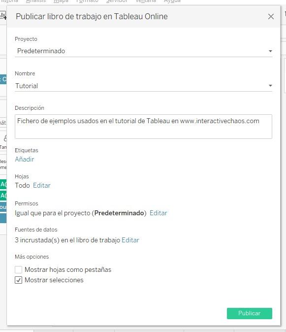 Ventana de configuración de la publicación