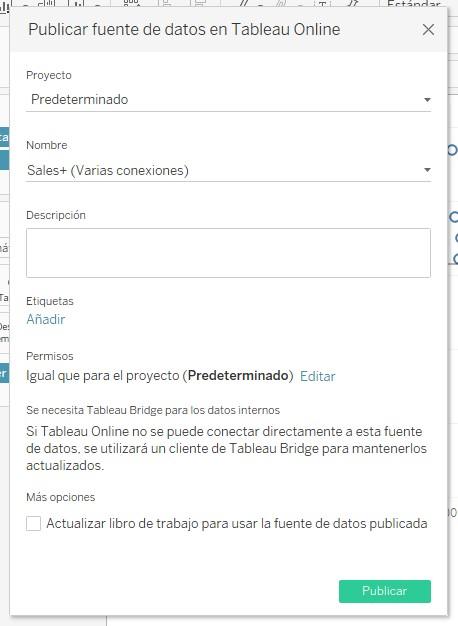 Ventana de configuración de la publicación