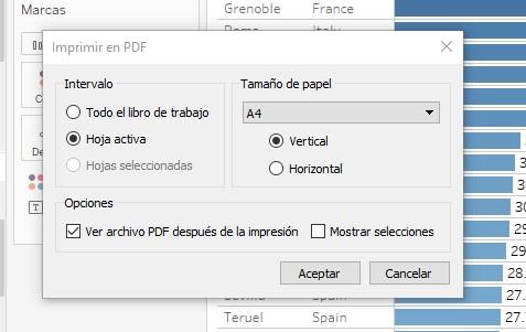 Ventana de configuración de la impresión a PDF