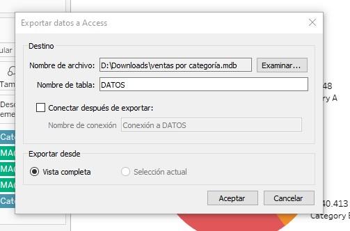 Ventana de configuración de la exportación