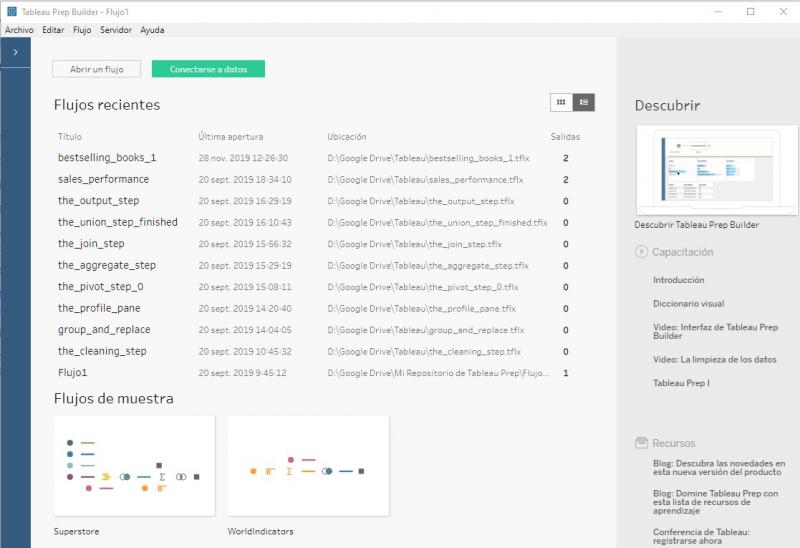 Flujos recientes en vista de lista