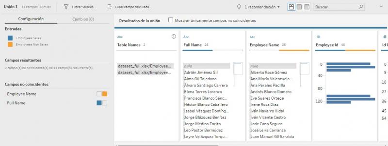 Panel de configuración del paso de unión de filas