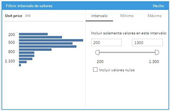 Ventana de configuración del filtro por intervalo de valores