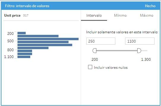 Ventana de configuración del filtro por intervalo de valores