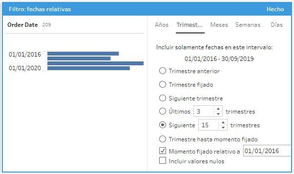 Configuración del filtro por fechas relativas