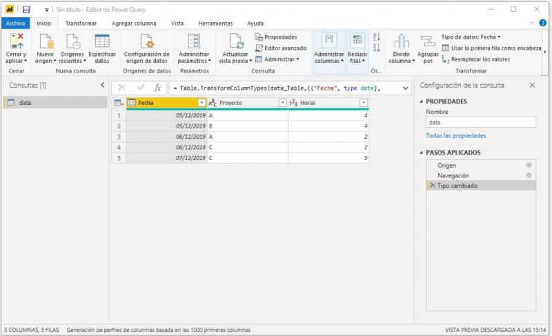 Tabla de datos en el editor de consultas