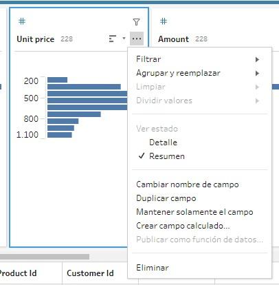 Menú de opciones del campo Unit price