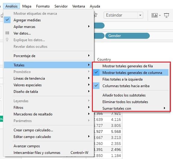 Totales y subtotales en el menú Análisis