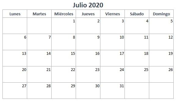 Calendario Julio 2020