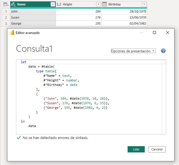 Tabla de datos