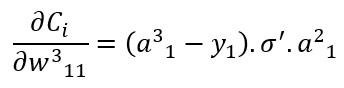 Derivada parcial de la función de coste con respecto al peso w11 de la capa 3