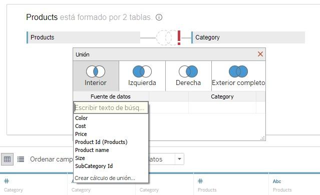 Configuración del join de dos tablas