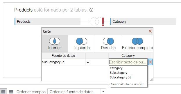 Configuración del join de dos tablas