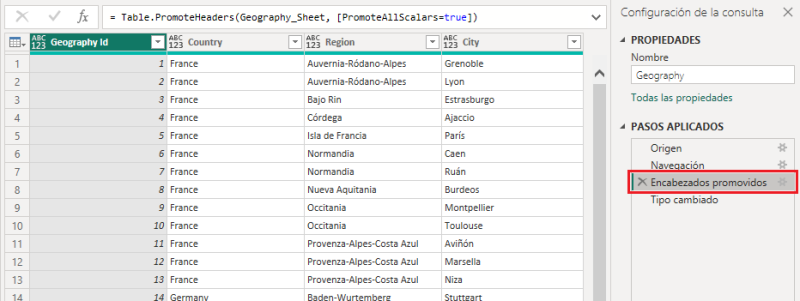 Paso &quot;Encabezados promovidos&quot;