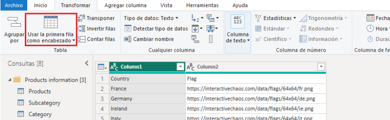 Promoción de la primera fila a encabezados de columna