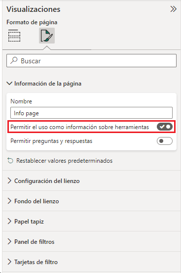 Configuración de la página de información