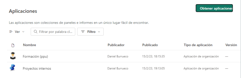 En la sección Aplicaciones encontramos las aplicaciones que se hayan creado (recordemos que una aplicación es un conjunto de artefactos agrupados). En la siguiente imagen, por ejemplo, se muestran dos aplicaciones (“Formación (ppu)” y “Proyectos internos”):   Si hacemos clic en una de ellas (“Proyectos internos”, por ejemplo), veremos su contenido:   En este caso la aplicación consta de dos artefactos (un panel y un informe, en el que se ha hecho clic), aunque no es posible identificar visualmente el tipo d